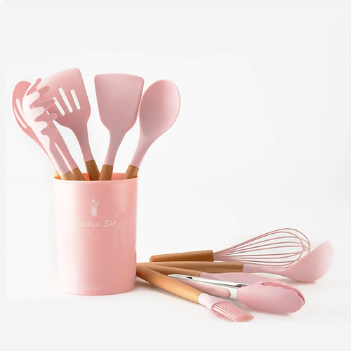 Set Utensilios Cocina Silicón Y Mango De Madera 12 Pzs Rosa