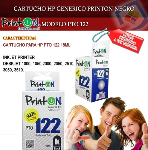 Imagen 2 de 2 de Cartucho Printon Hp 122xl Negro 18ml Deskjet 1000 2000 2050