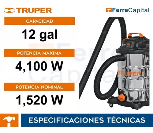 Aspiradora de sólidos y líquidos, 12 gal, acero inox, Truper, Aspiradoras  Tanque Acero Inoxidable, 101524