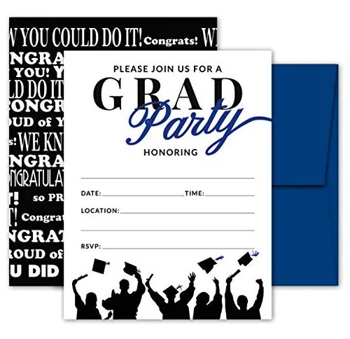 25 Invitaciones De Fiesta De Graduación Azul Y Negro Con Sob
