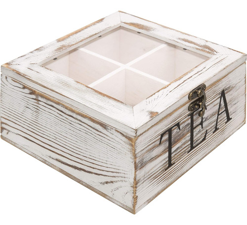 Organizador De Caja De Té De Madera Maciza Blanqueada Con 4 