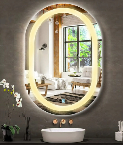 Espelho Jateado Oval Iluminado Com Led Touch Screen 100x50cm Moldura Branco Quente 3000k