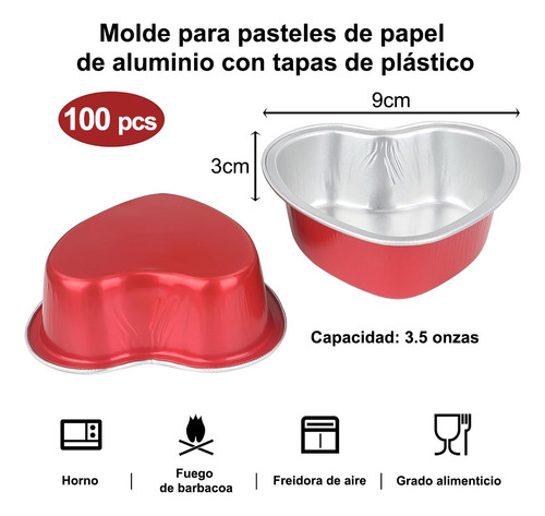 100PCS 3.5oz/100ml Mini Moldes de Torta de Corazón con Tapa Moldes de Torta de Corazón de Papel de Aluminio Banna MON-KP xin-rojo
