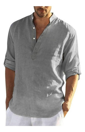 Camisa De Hombre De Algodón Y Lino, Manga Larga, Cuello