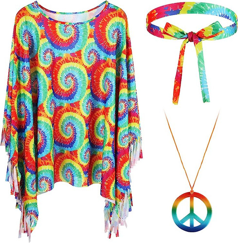 Disfraz Hippie 3 Piezas Para Mujer Incluye Poncho Hippie Dia