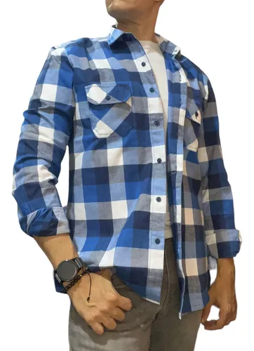 CAMISA HOMBRE CUADRO CAMEL/AZUL