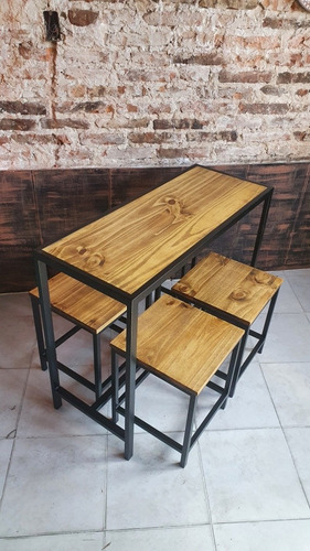 Imagen 5 de 5 de Mesa Cervecera 100x40x75cm Hierro Y Madera + 4 Bancos 36x36
