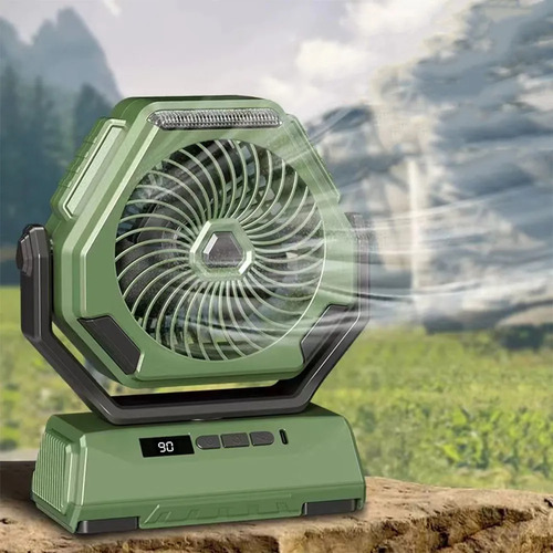 Ventilador De Camping Portátil Recargable Con Luz Led Y Ganc Verde