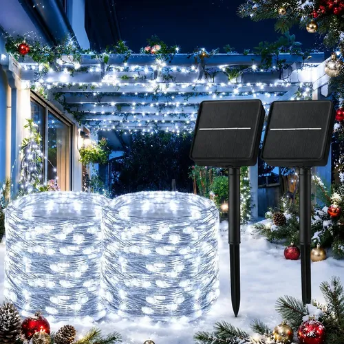Kit 2 Luzes Solares Fio de Fada LED 20m 200 Lâmpadas Branco-Frio com 8 Modos para Jardim
