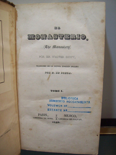 Adp El Monasterio (tomo 1) Walter Scott / Paris Mejico 1840