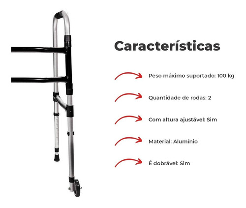 Imagem 5 de 6 de Andador Fixo E Dobrável Alumínio 2 Barras Rodas Adulto - Ind