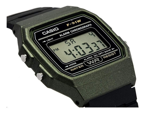 Imagen 2 de 3 de Reloj pulsera Casio Collection F-91 de cuerpo color verde, digital, fondo gris, con correa de resina color negro, dial negro, minutero/segundero negro, bisel color verde y hebilla simple