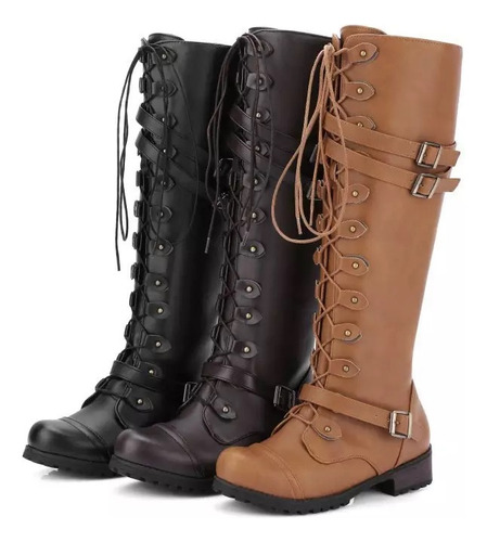 Botas De Cuero Con Punta Redonda, Cinturón, Hebilla, Zapatos