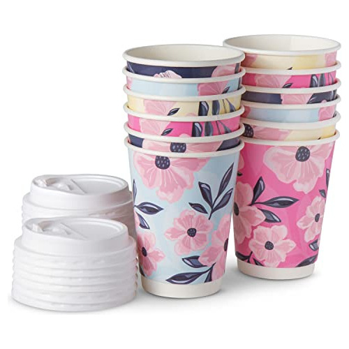 48 Floral Disposable Coffee Cups With Lids 12 Oz Double...