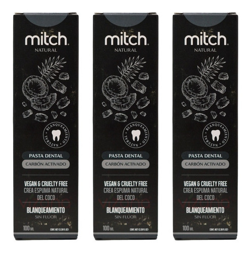 3 Pack Pasta Dental Mitch Premium Carbón Activado 100ml