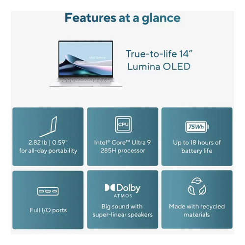 Asus Zenbook 14 Oled Touch, I9-285h, 32gb, Intel Arc, 1tb