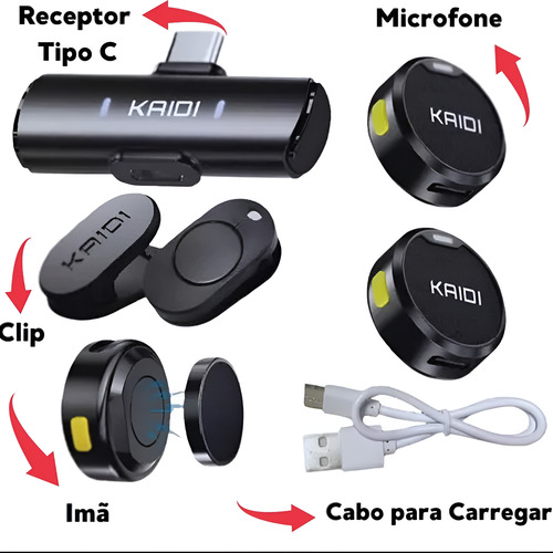 Microfone Lapela Sem Fio Duplo Tipo - C Pro Redondo Kaidi