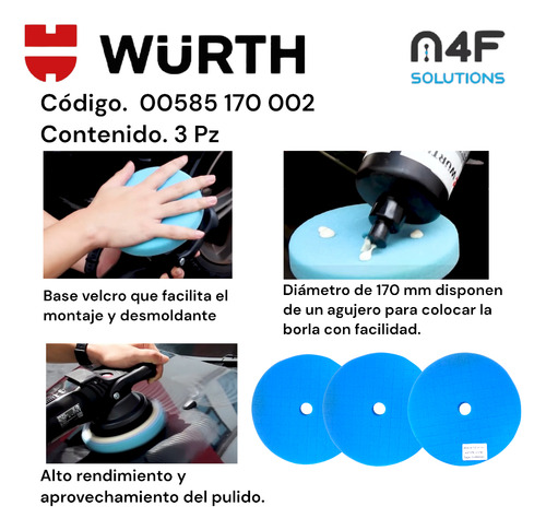 Borla Azul Esponja Corte Medio Pulir 7 PuLG Velcro Wurth 3pz