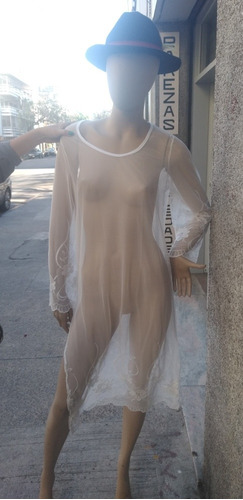 Vestido Transparente Blanco Fino - Bordado + Sombrero +vino 