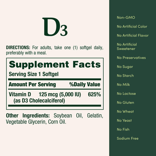 Suplemento Nature's Bounty Vitamina D3 125 Mcg (5000 Ui) 240