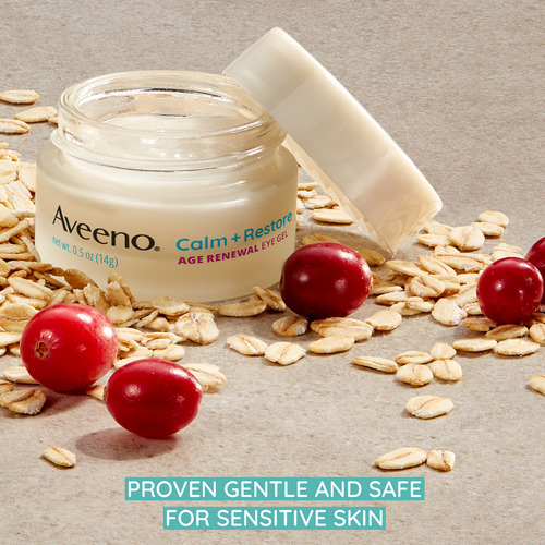 Aveeno Calm + Restore Eye Gel Age Renewal 0.5 Oz 14 G Sensitive Skin Sin Fragancia, Con Vitamina B3, Extracto De Avena Y Arándano, Mejora El Aspecto De Las Arrugas Y Las Patas De Gallo.