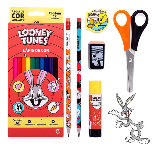 Lapis De Cor 12 Cores Looney Tunes - Kit Escolar 6 Peças Marcação Colors