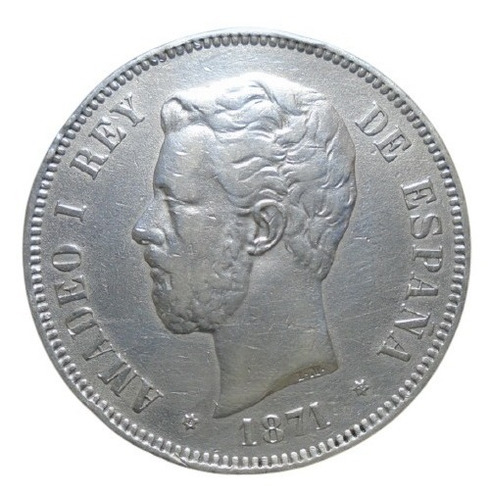 España 5 Pesetas 1871 Plata Ley 0.900 Rey Amadeo I