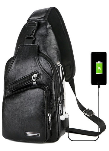 Mochila Ecocuero Negra Urbana Orificio Carga Usb