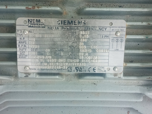 Imagen 2 de 6 de Motor Electrico Siemens 15 Hp 1750 Rpm Trifásico 440vac.