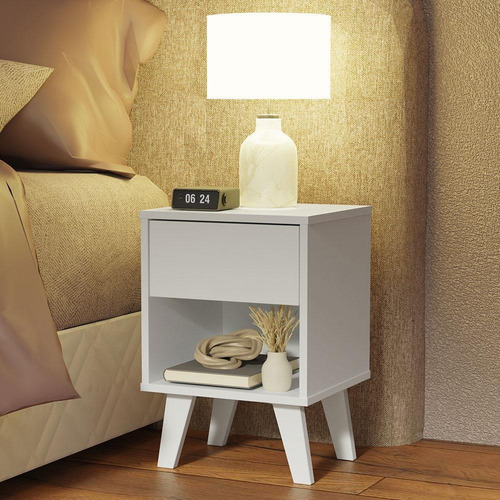Mesa De Cabeceira Branca Madesa Com 1 Gaveta Cor Branco 323509