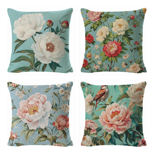 4 Juegos De Fundas De Cojín, Estampado De Flores De Peonía