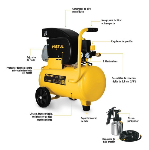 Compresor de aire eléctrico portátil Pretul COMP-KIT20P monofásico 20L 1100W 127V 60Hz amarillo