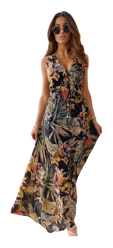 Maxivestido De Encaje Con Estampado De Hojas De Flores Nuevo