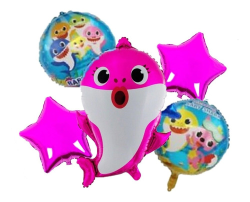 Bouquet De 5 Globos De Baby Shark Tiburon Bebe Fucsia