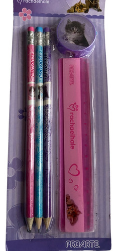 Set Tres Lapices Negros Grafito + Regla + Sacapuntas Violeta
