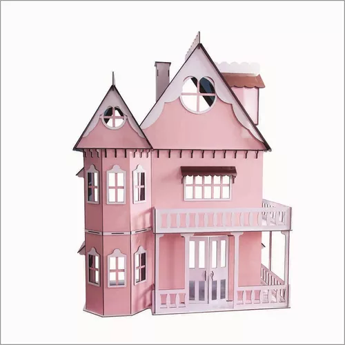 Casa Casinha Da Barbie + Garagem em Mdf Cru Com 22 Móveis Cru