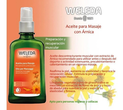 Imagen 2 de 2 de Aceite Masaje Árnica Weleda Vegano Celiaco Deporte Embarazo