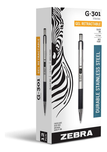 Zebra G-301 Bolígrafo De Gel Retráctil De Acero Inoxi...