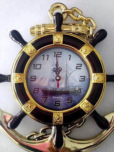 Reloj De Plástico Timon Con Ancla Negro Con Dorado 36x30 Cm 