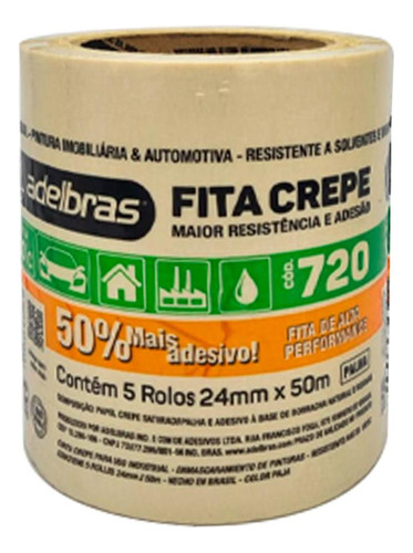 Fita Crepe Adelbras 720 24mm X 50mt - Kit C/5 Rolos