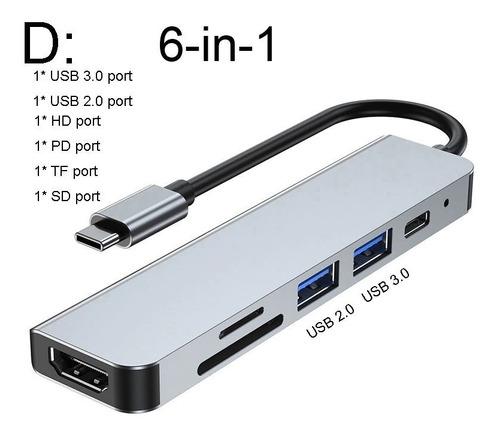 Adaptador Tipo C 6 En 1 Hub Usb 3.0 Hdmi 4k Multipuerto