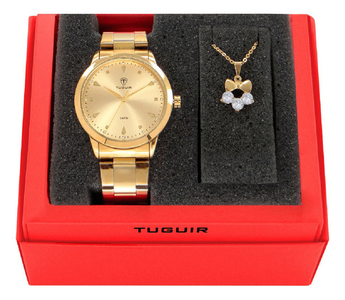 Relógio Feminino Banhado A Ouro Tg147 Kit Colar Tuguir + Bisel Dourado Fundo Dourado
