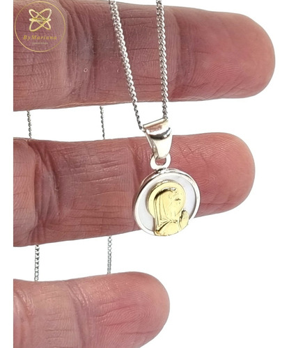 Cadena Plata + Dije Plata Y Oro Virgen Niña Con Nacar 13mm
