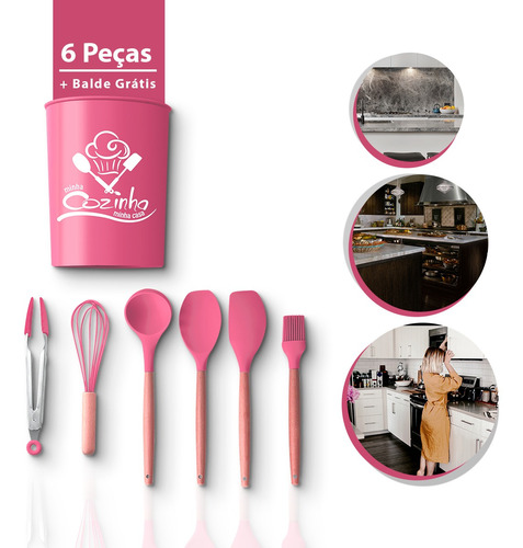 Imagem 1 de 6 de Silicone Jogo De Cozinha 7 Pecas Cor Rosa Ud664