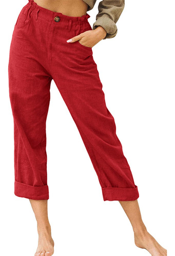 Pantalon Capri Lino Recortado Algodon Para Mujer Estilo Rojo