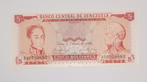 Billete De Venezuela 5 Bs Enero 29 1974 - Sin Circular-  A8