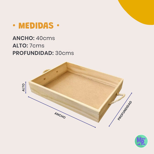 Bandeja Desayuno De Madera 40x30 Con Manija Yute Mundopino
