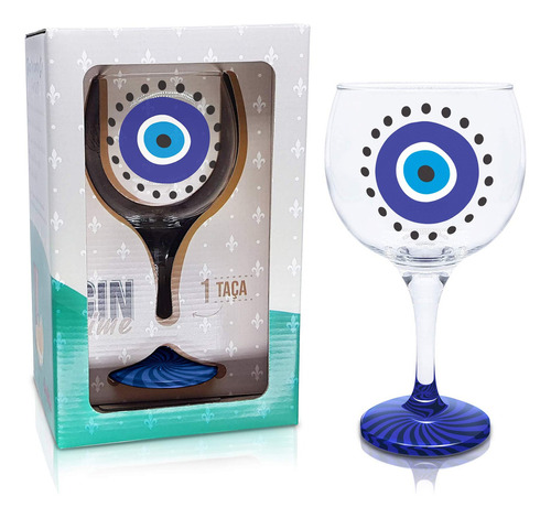 Taça Gin Vidro Olho Grego Base Azul E Preta 600ml