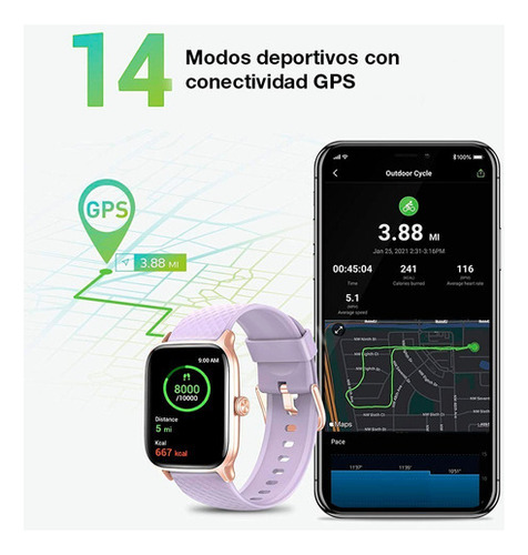 Reloj Inteligente Smartwatch Estilo De Vida Y Fitness Ew1 Color De La Caja Blanco Color De La Malla Lila Color Del Bisel Dorado