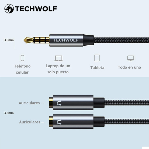 Cable Divisor De Audio De Auxiliar 3.5 Mm Macho A 2x 3.5mm Hembra Para Audífonos, Techwolf Adaptador De Audio Compatible Con Laptop, Celular, Tablet Y Pc 30cm De Longitud Color Gris